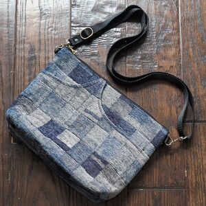 DANNY K. I Chenille Tapestry Fabric Blue & Gray Patchwork Crossbody Bag Purse